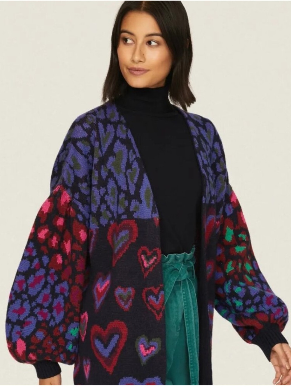 FARM Rio Multicolor Heart & Animal Print Open Cardigan with Balloon Sleeves